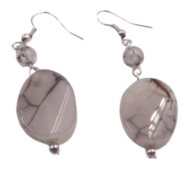 Marbled Acrylic Beaded Dangle Earrings on Silver-tone Coiled Fishhook Wire - Picture 7 of 8